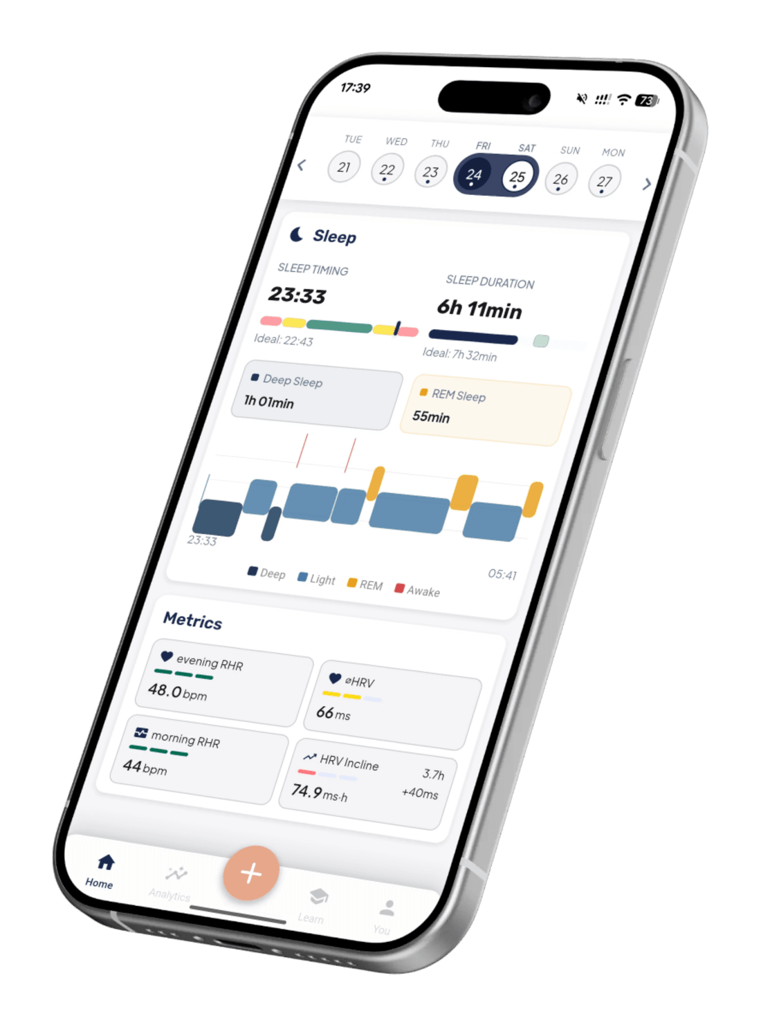 SAYA sleep detail screen with timing, duration, deep/REM cards and a hypnogram