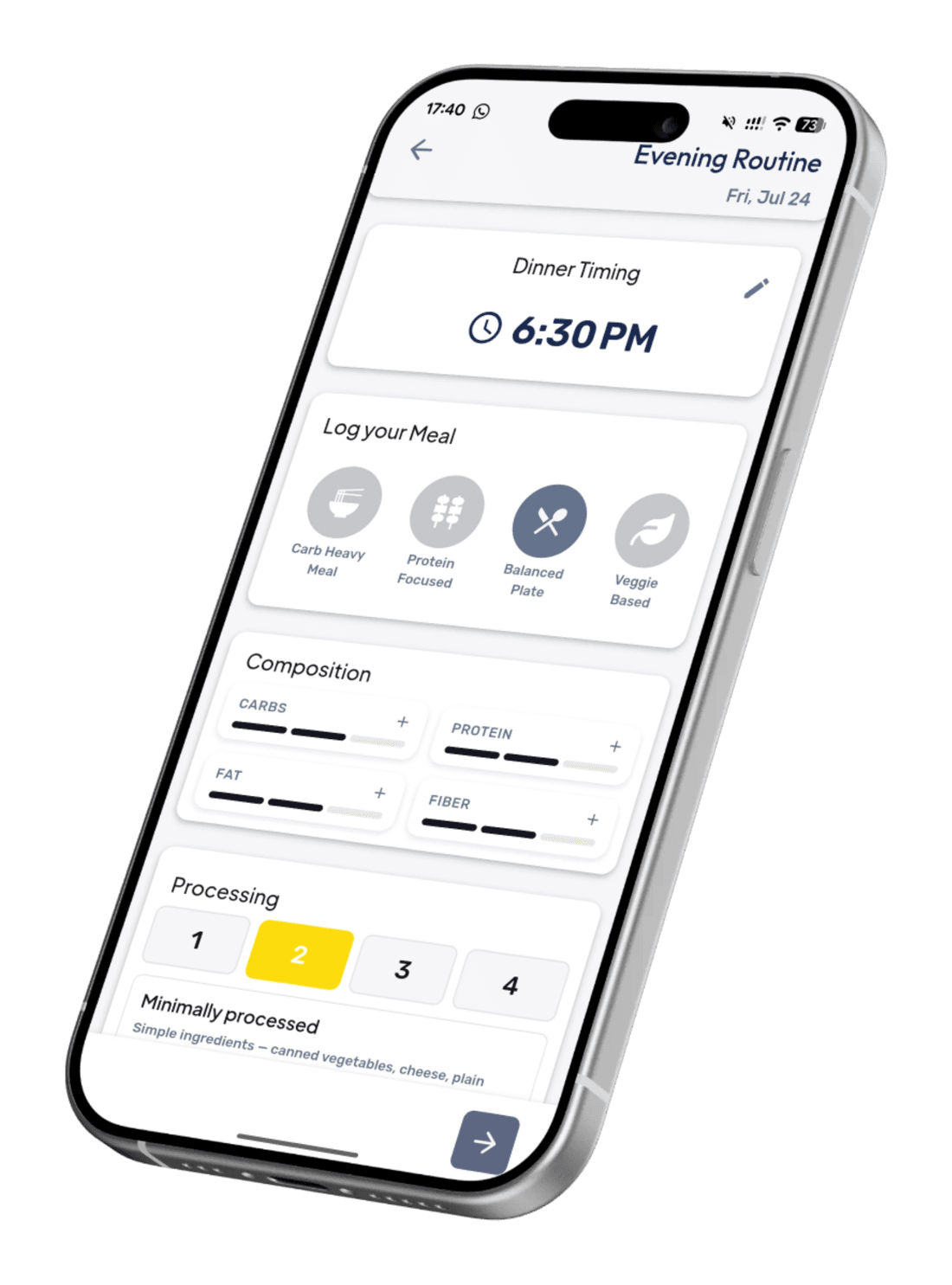 SAYA evening routine tracking form for logging a meal